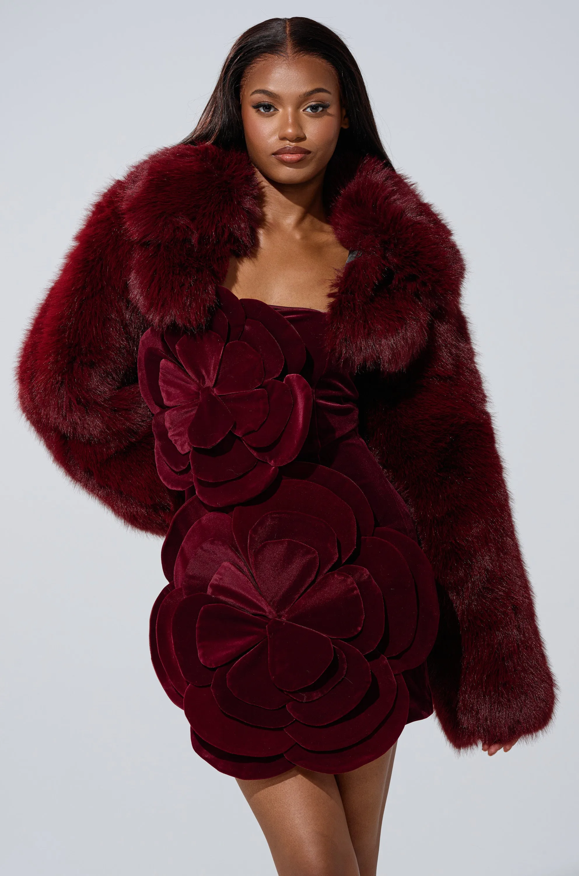 LEILA ULTRA CROP FAUX FUR IN BURGUNDY sold by AKIRA product image thumbnail 5