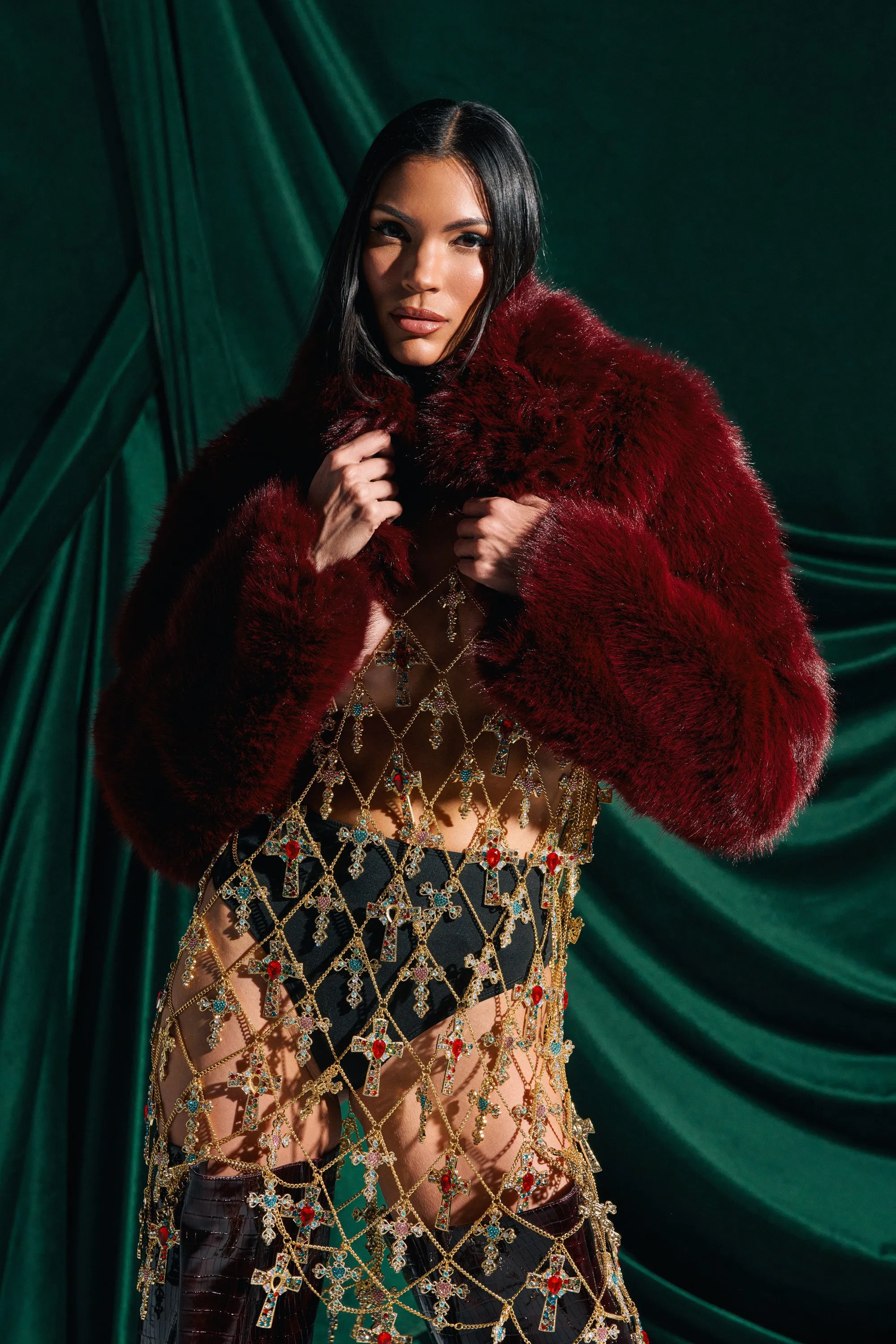 LEILA ULTRA CROP FAUX FUR IN BURGUNDY sold by AKIRA product image thumbnail 2