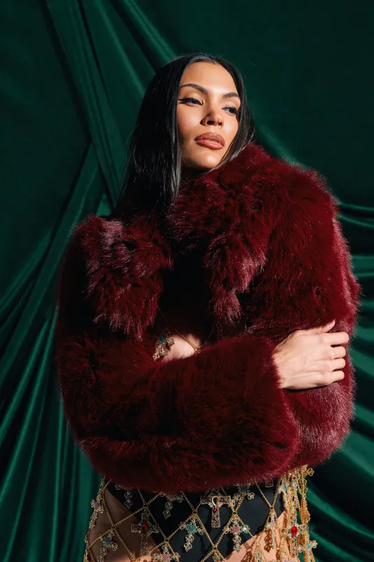 LEILA ULTRA CROP FAUX FUR IN BURGUNDY sold by AKIRA