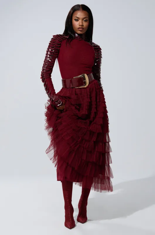STARS ALIGNED MESH RUFFLE MAXI SKIRT IN BURGUNDY sold by AKIRA