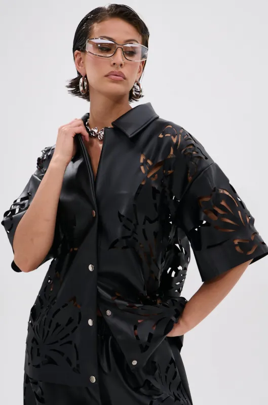 GOING CRAZY PU CUTOUT BUTTON DOWN TOP sold by AKIRA