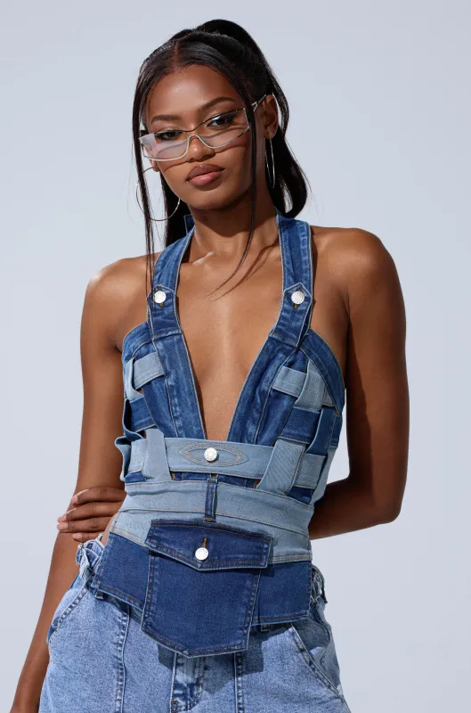 CATCH ME ABSTRACT DENIM CORSET sold by AKIRA