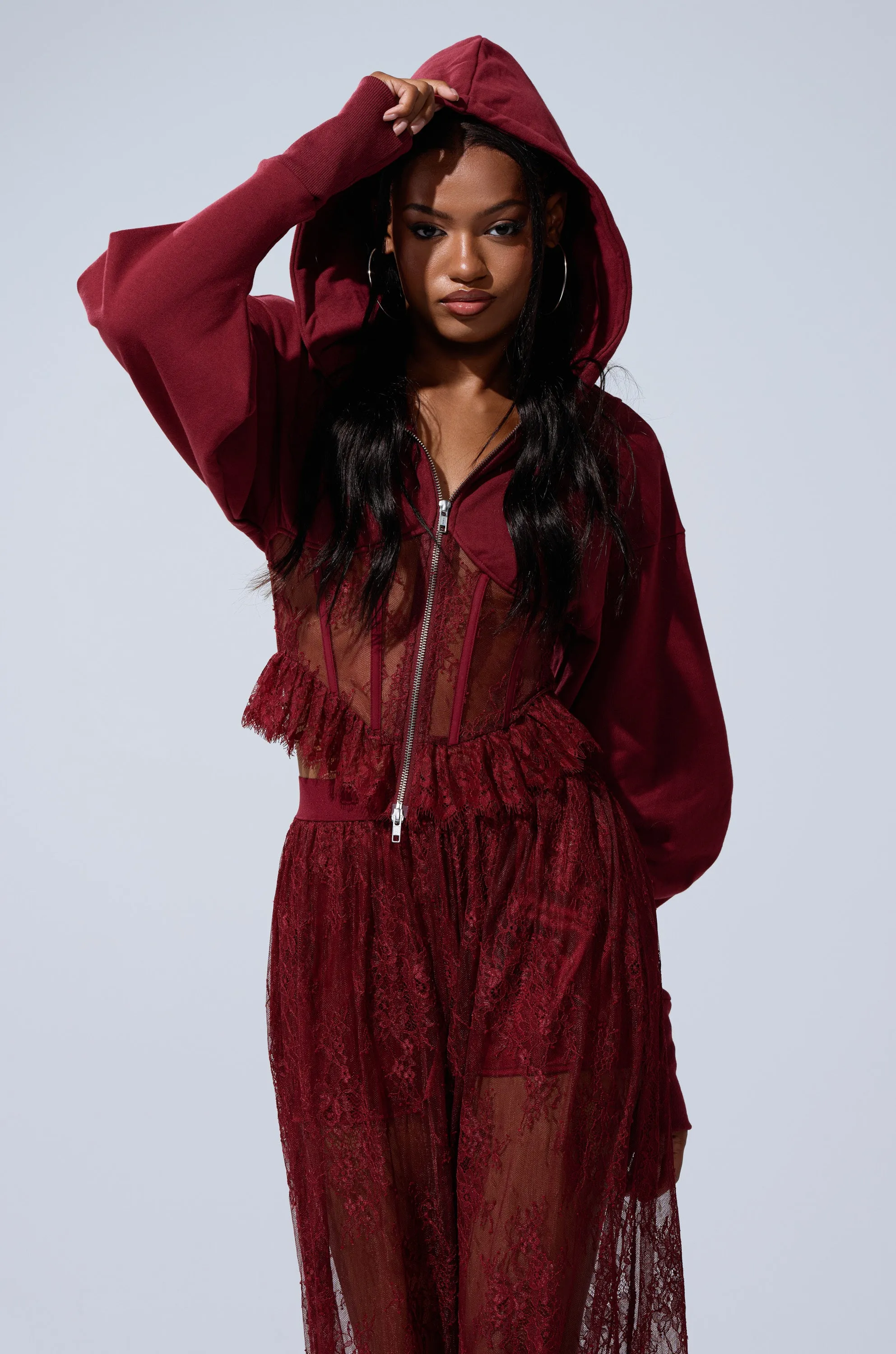 TOO TRENDY ZIP UP SWEATSHIRT WITH LACE sold by AKIRA product image thumbnail 3