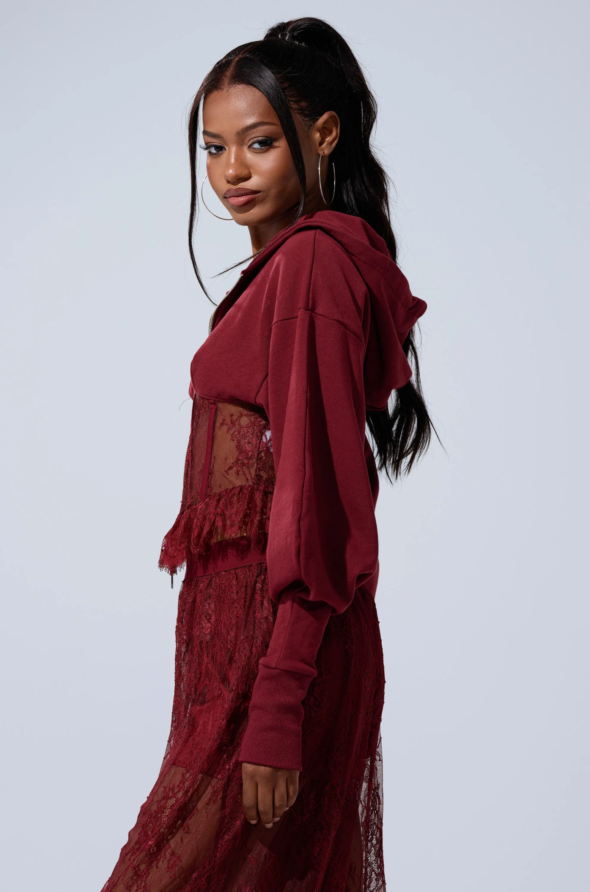 TOO TRENDY ZIP UP SWEATSHIRT WITH LACE sold by AKIRA product image thumbnail 5