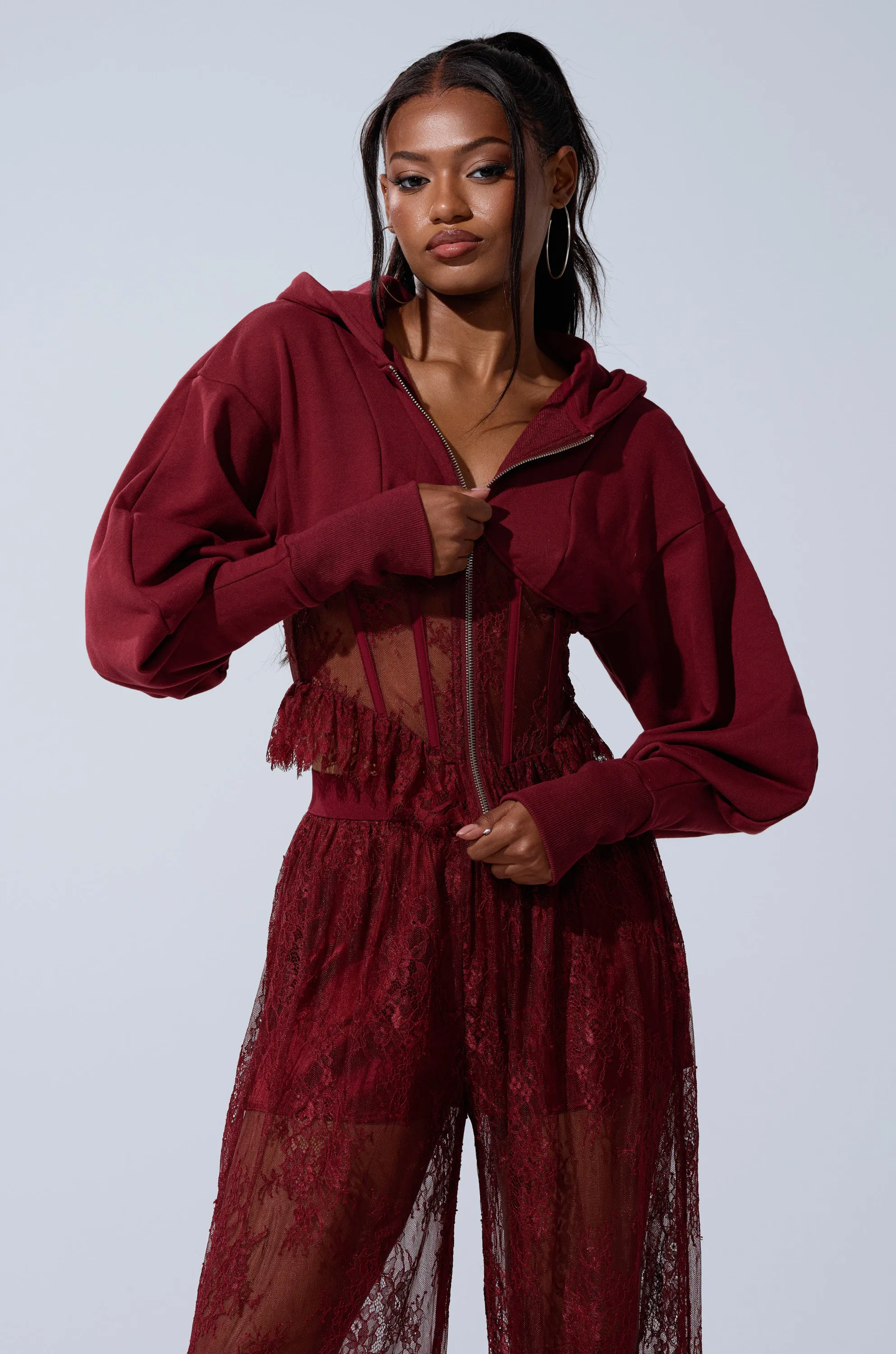 TOO TRENDY ZIP UP SWEATSHIRT WITH LACE sold by AKIRA product image thumbnail 4