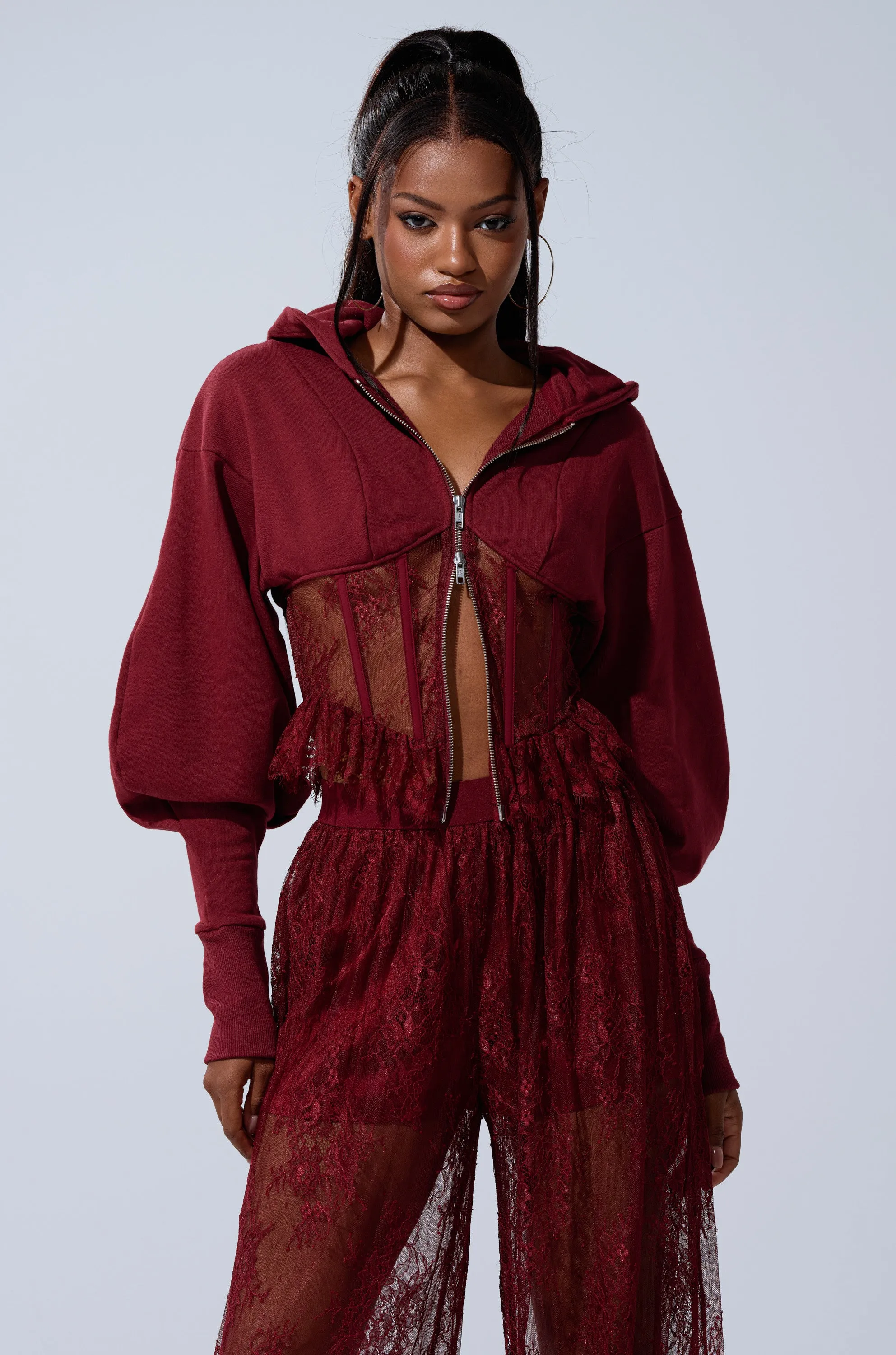 TOO TRENDY ZIP UP SWEATSHIRT WITH LACE sold by AKIRA product image thumbnail 2