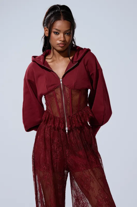 TOO TRENDY ZIP UP SWEATSHIRT WITH LACE sold by AKIRA