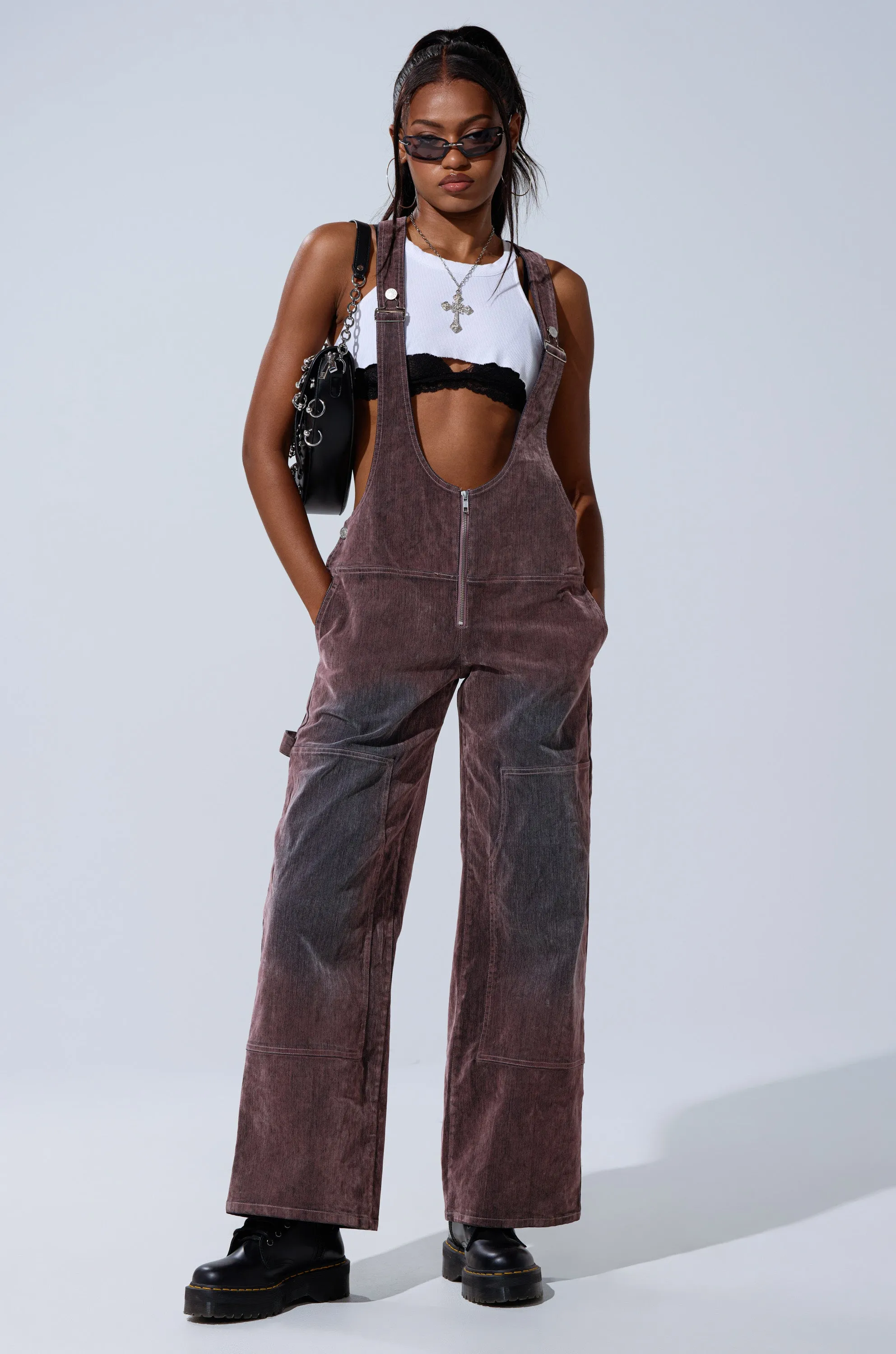 DOUBLE KNEE TEXTURED DENIM OVERALLS sold by AKIRA