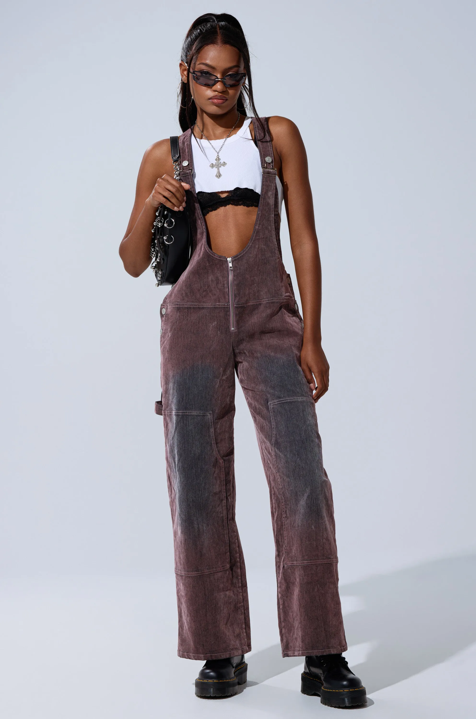 DOUBLE KNEE TEXTURED DENIM OVERALLS sold by AKIRA product image thumbnail 3