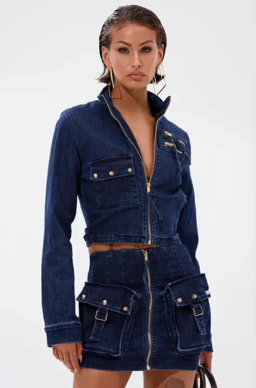 SOMETHING BETTER DENIM ZIP UP TOP sold by AKIRA