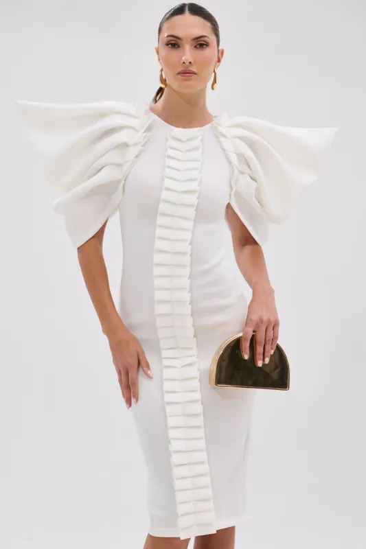 PURE JOY MIDI DRESS WITH DRAMATIC SLEEVE IN WHITE sold by AKIRA