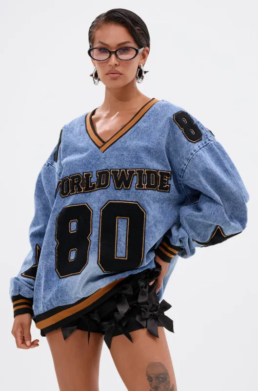 ALL AROUND THE WORLD DENIM SWEATSHIRT sold by AKIRA