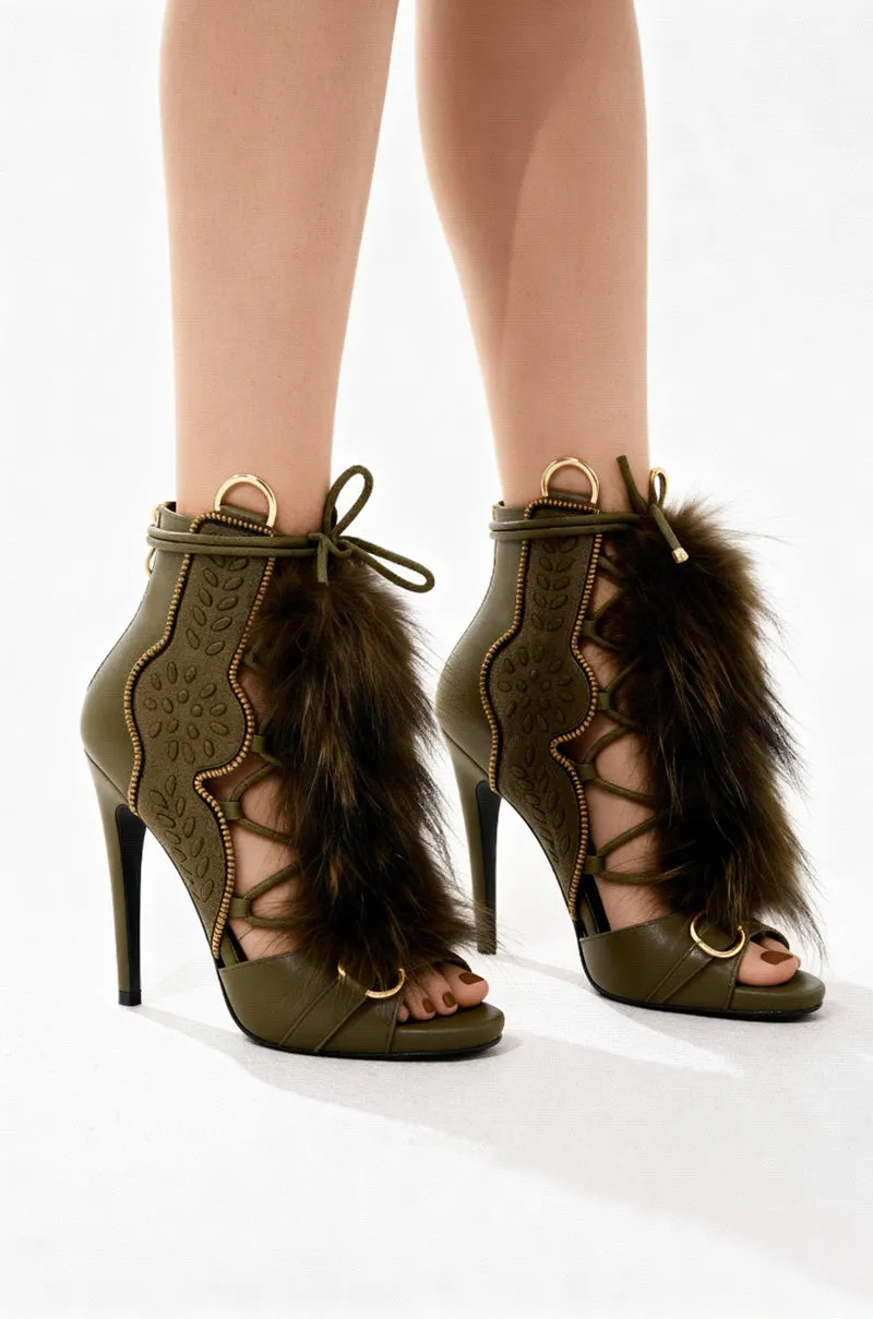 AZALEA WANG SHAINY OLIVE FUR SANDAL sold by AKIRA