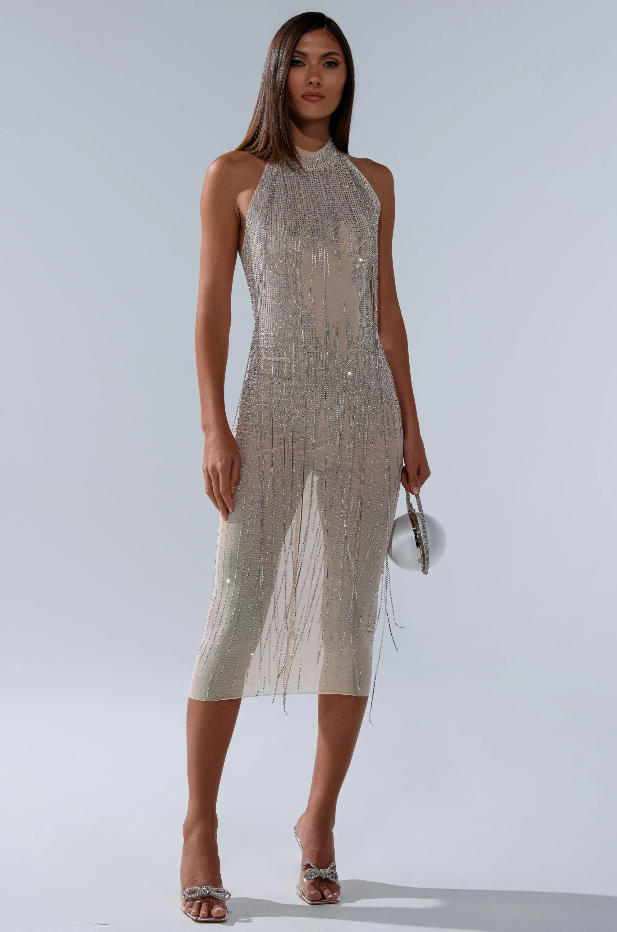 KEKE MIDI DRESS WITH RHINESTONE FRINGE sold by AKIRA