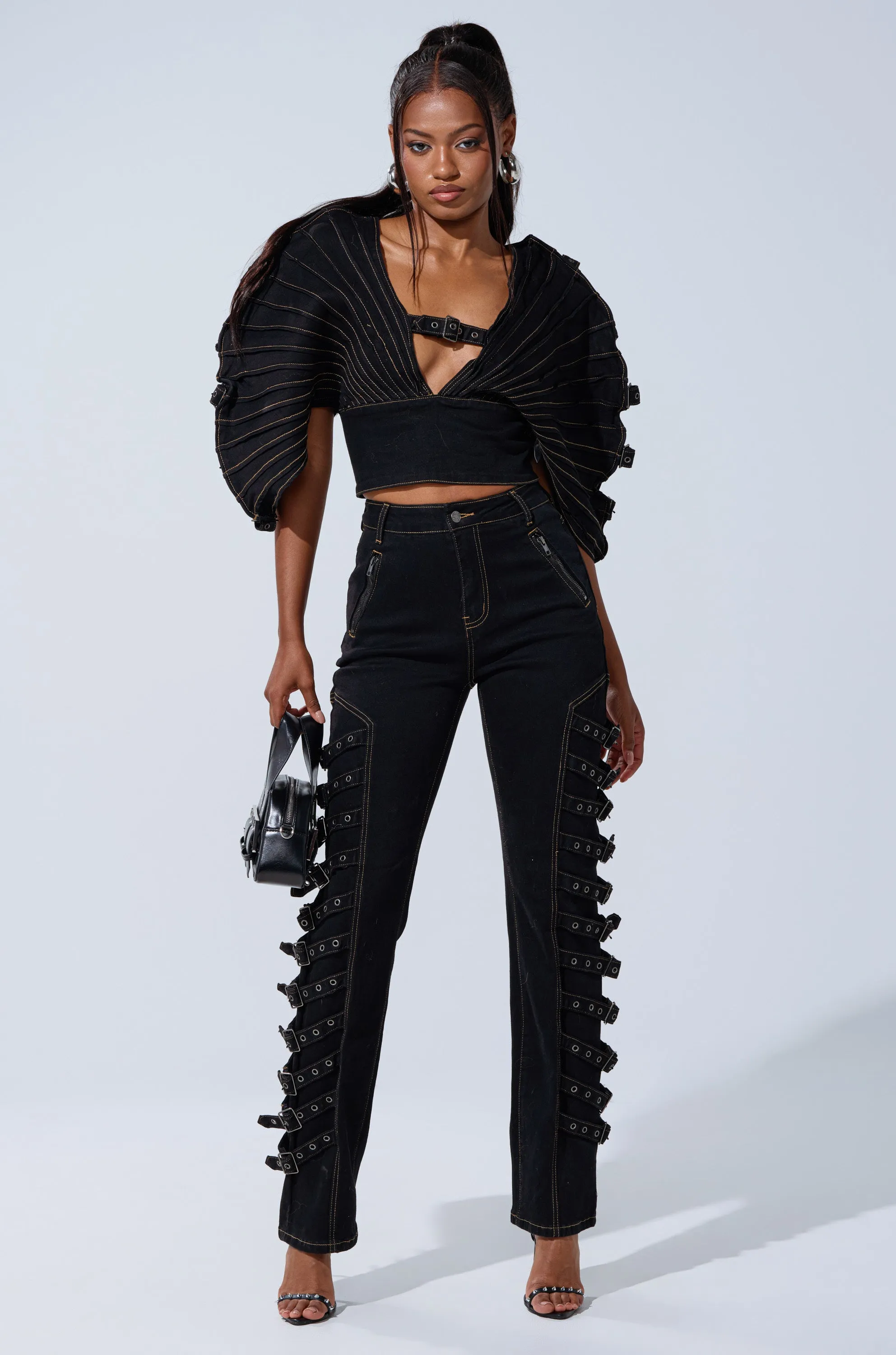 BUCKLE UP SKINNY DENIM PANT sold by AKIRA