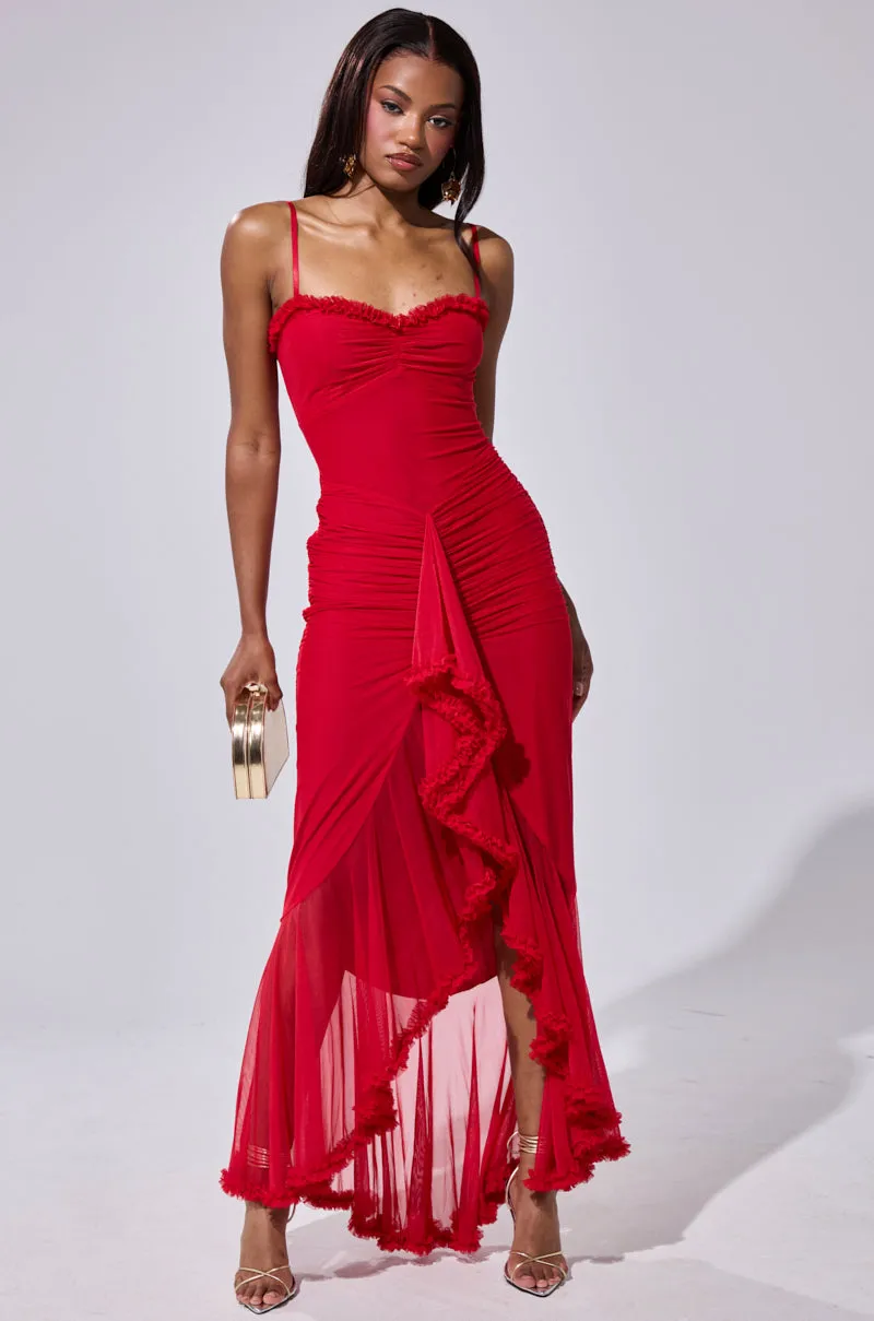 TATI RUFFLE MAXI DRESS IN RED sold by AKIRA