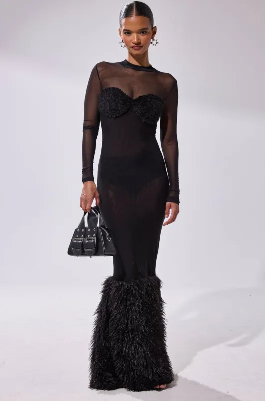 RUNAWAY BRIDE MESH FUR MAXI DRESS sold by AKIRA