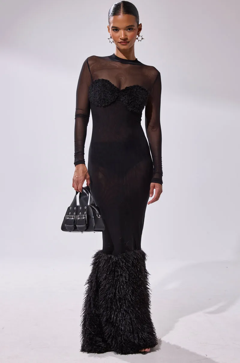 RUNAWAY BRIDE MESH FUR MAXI DRESS sold by AKIRA