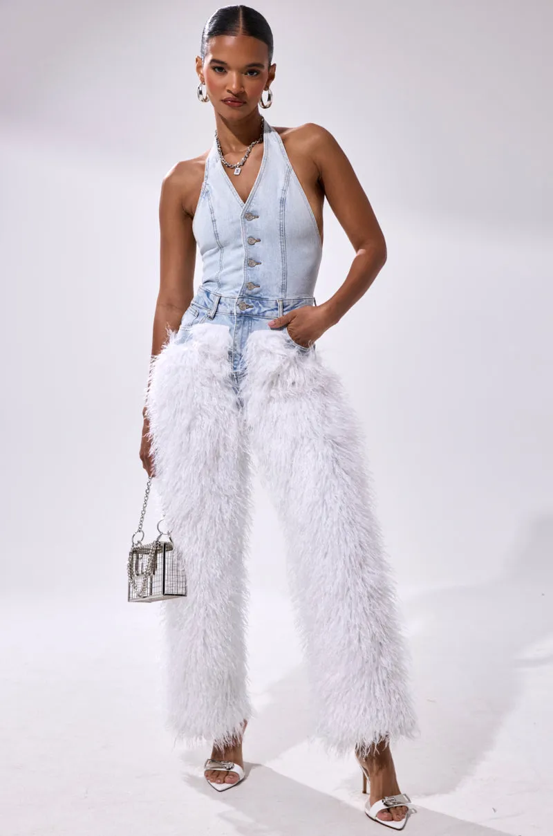 BADDIES ONLY DENIM FUR JUMPSUIT sold by AKIRA product image thumbnail 3