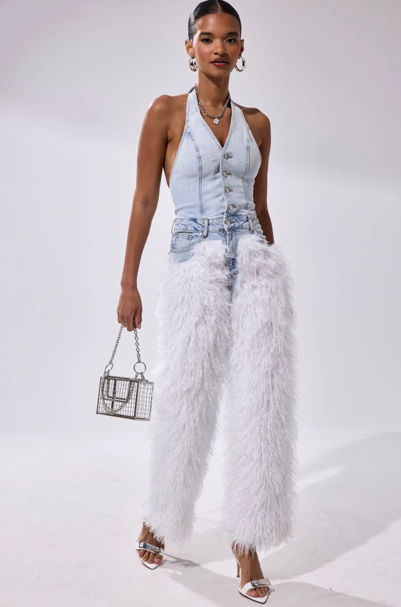 BADDIES ONLY DENIM FUR JUMPSUIT sold by AKIRA
