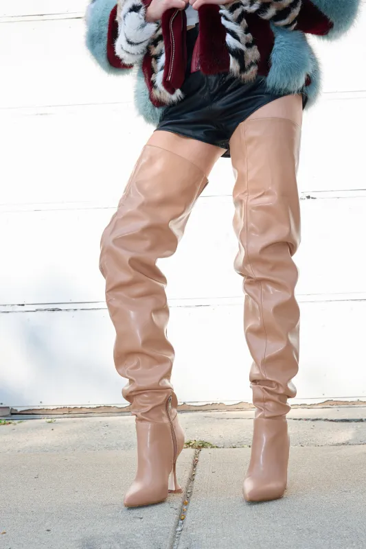 AZALEA WANG STEPHAN BEIGE PU FLARED HEEL RUCHED BOOT sold by AKIRA