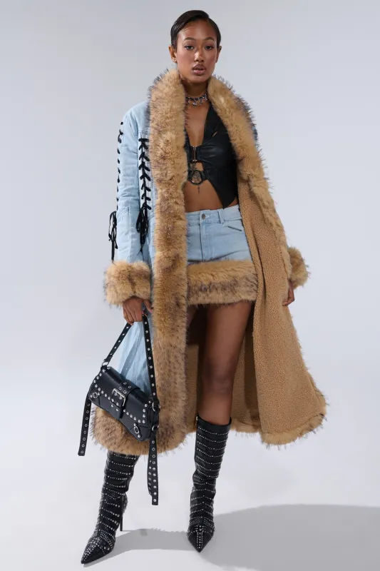 ERYKAH FUR TRIM DENIM TRENCH sold by AKIRA