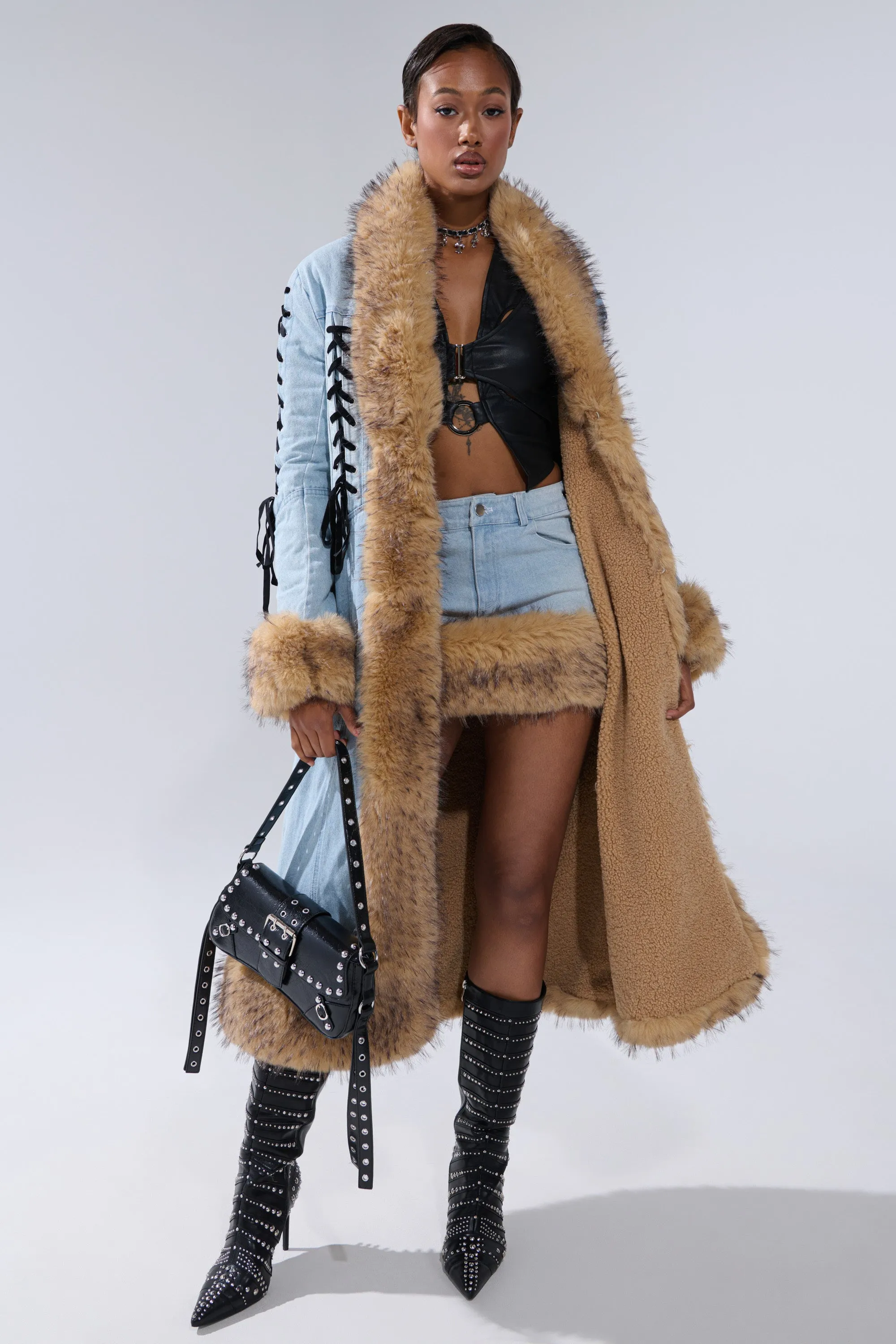 ERYKAH FUR TRIM DENIM TRENCH sold by AKIRA