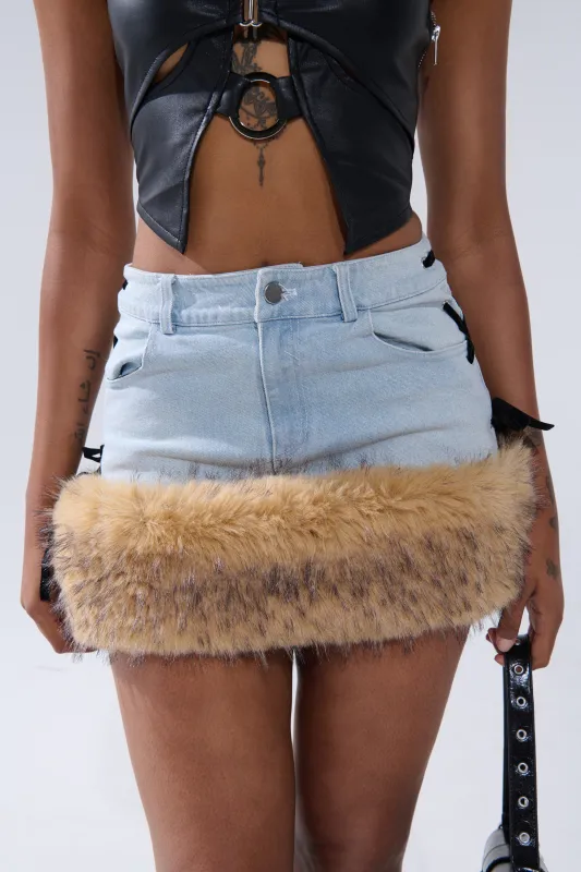 ERYKAH FUR TRIM DENIM MINI SKIRT sold by AKIRA