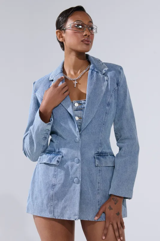 BACKLESS DENIM BLAZER sold by AKIRA
