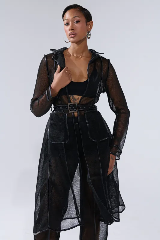 ONE TO WATCH MESH TRENCH IN BLACK sold by AKIRA