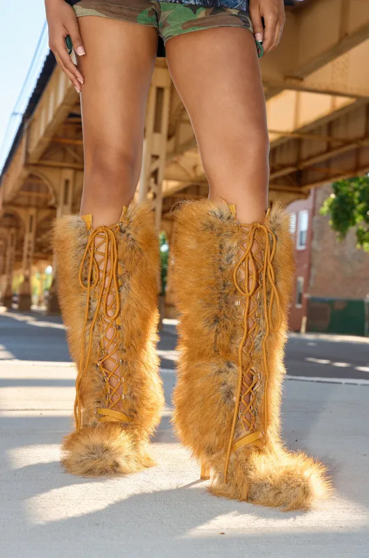 AZALEA WANG LOURDANNE TAN FUR LACE UP STILETTO BOOT sold by AKIRA