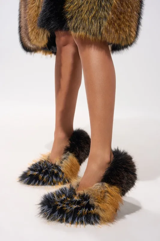 AZALEA WANG OMIRCON BLACK AND TAN FUR STILETTO PUMP sold by AKIRA