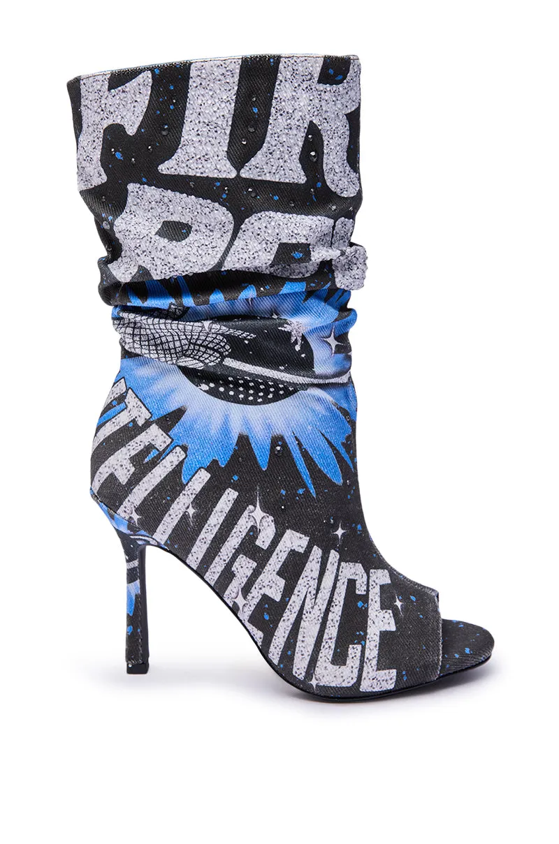 AKIRA GOLD FORMIDABLE BLACK MULTI ABSTRACT OPEN TOE BOOTIE sold by AKIRA product image thumbnail 4