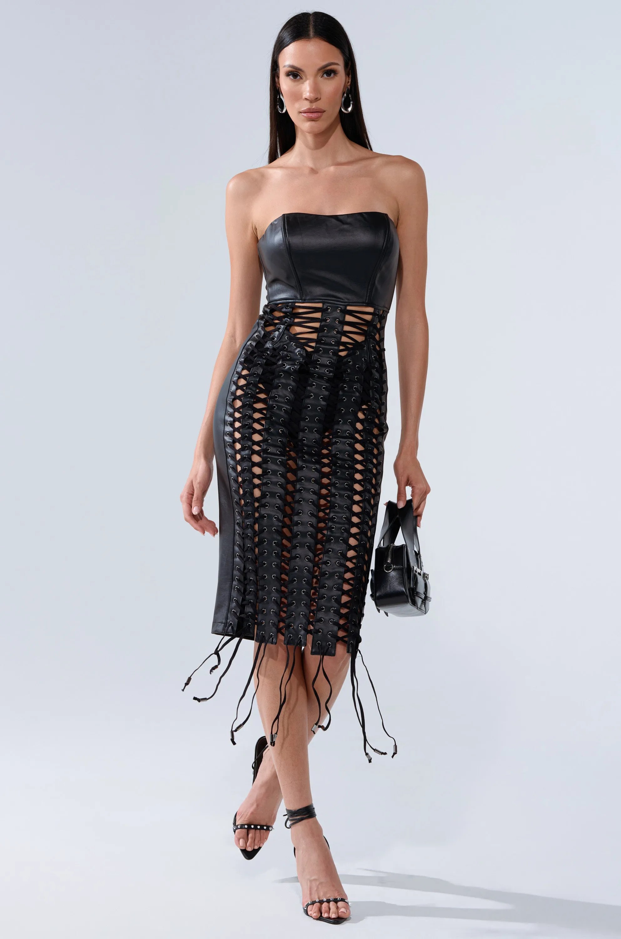 NOT FOR YOU PU LACE UP MIDI DRESS sold by AKIRA