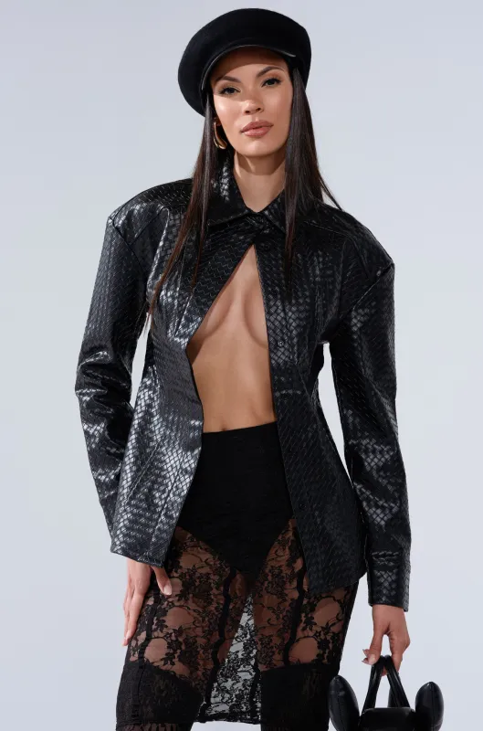 FEELING RICH FAUX LEATHER BUTTON DOWN IN BLACK sold by AKIRA