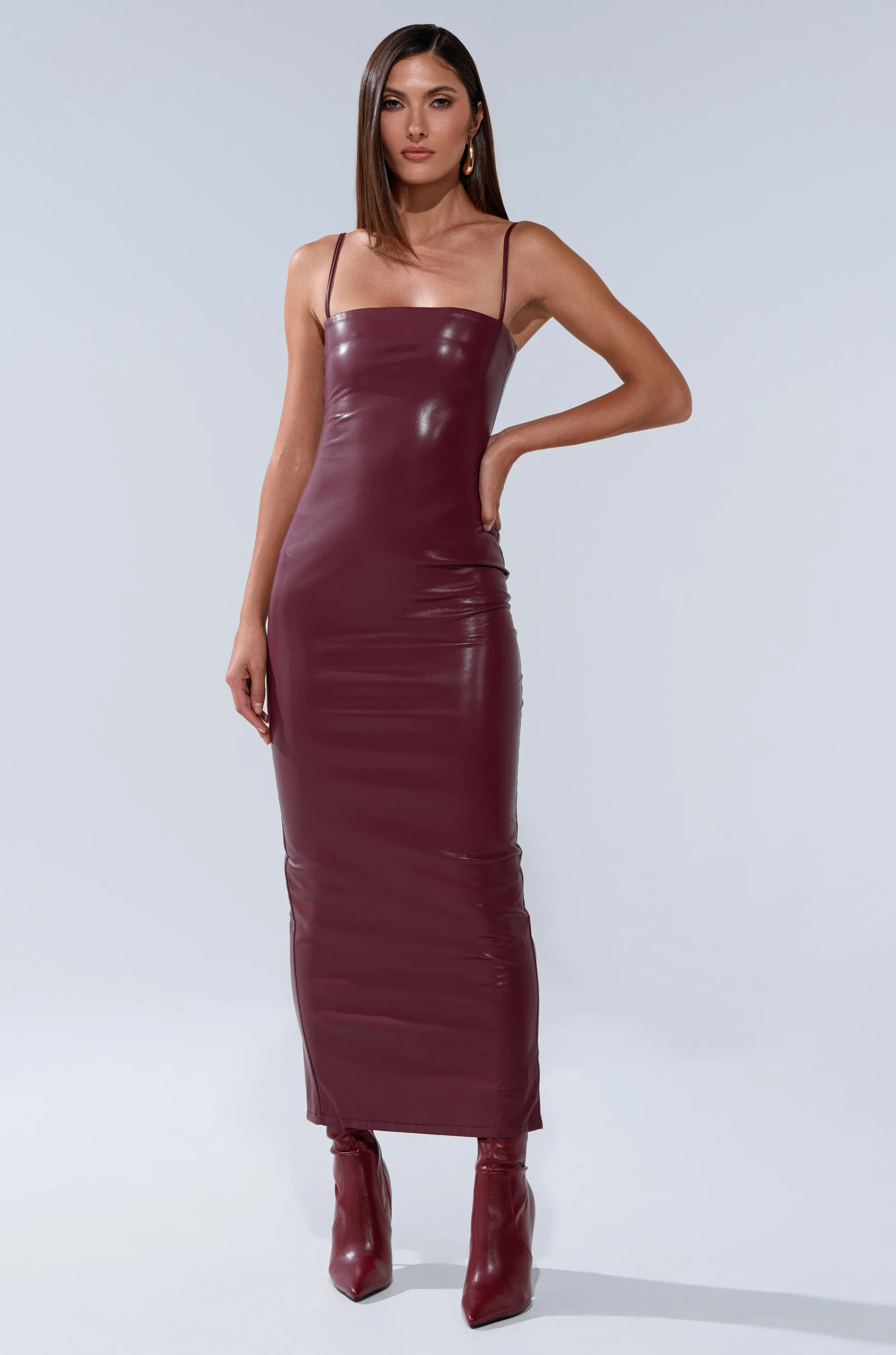SHAI PU MIDI DRESS IN BURGUNDY sold by AKIRA
