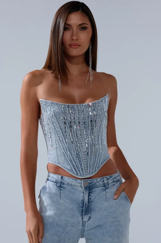 MILA EMBELLISHED CORSET IN DENIM sold by AKIRA