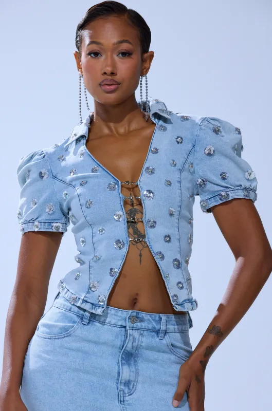 HALEY EMBELLISHED SEQUIN BLOUSE sold by AKIRA