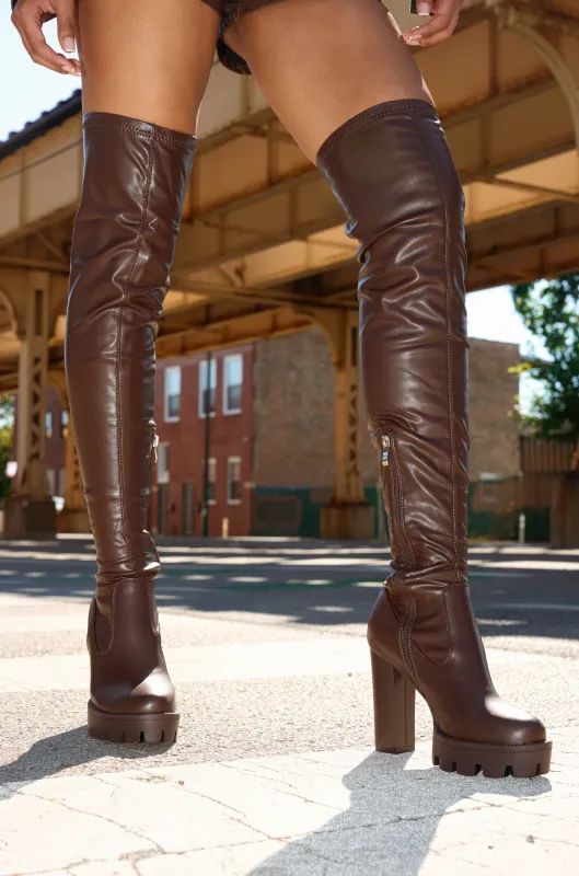 AZALEA WANG ASHLAND CHOCOLATE STRETCH PU CHUNKY THIGH-HIGH BOOT sold by AKIRA