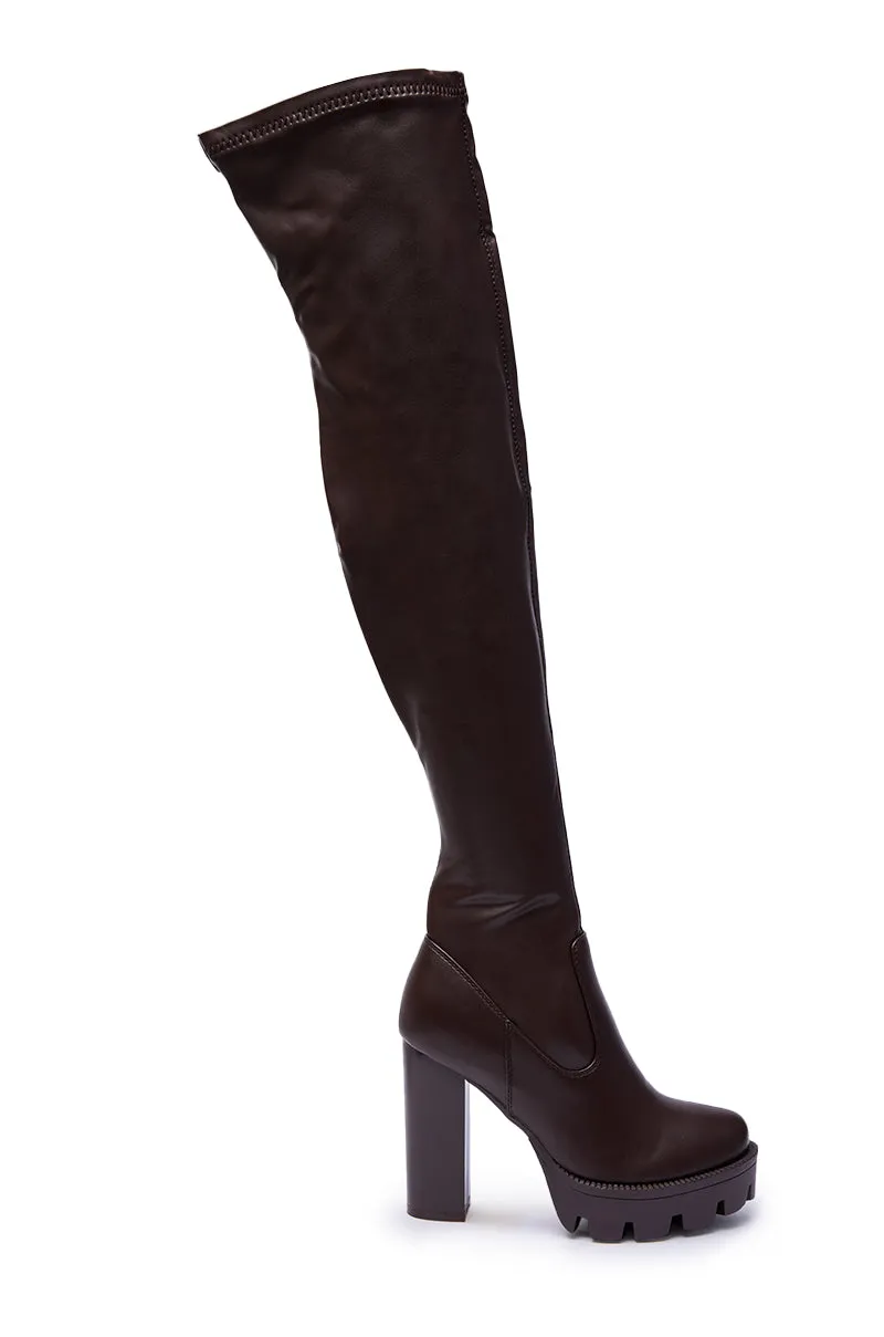 AZALEA WANG ASHLAND CHOCOLATE STRETCH PU CHUNKY THIGH-HIGH BOOT sold by AKIRA product image thumbnail 5