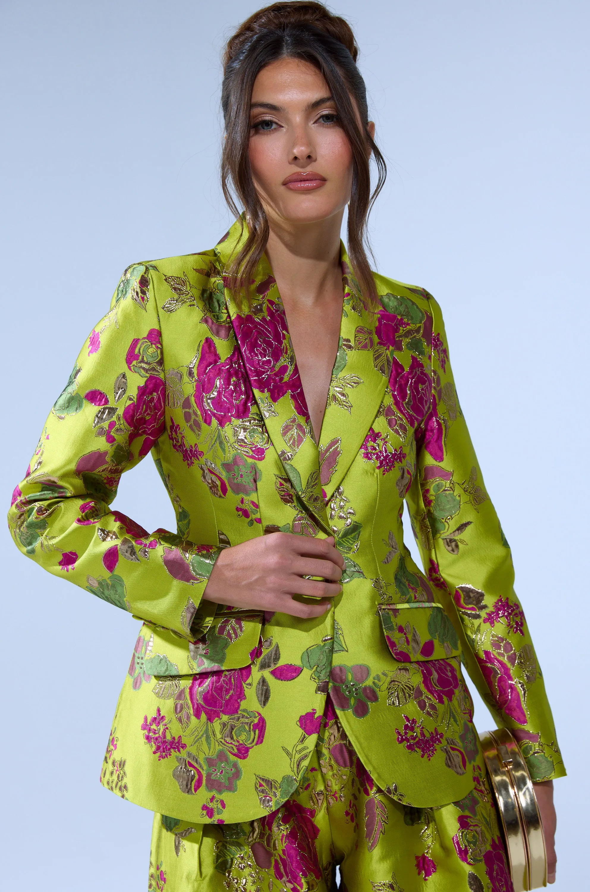 BUY MYSELF FLOWERS BROCADE BLAZER IN LIME sold by AKIRA product image thumbnail 2