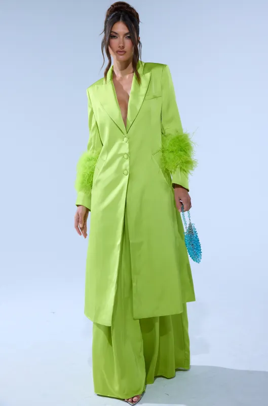 CHARTREUSE FEATHER TRIM TRENCH sold by AKIRA