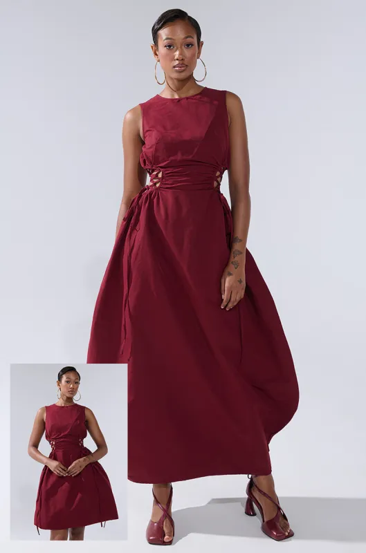 ALINA LACE UP DETAIL MAXI DRESS IN BURGUNDY sold by AKIRA