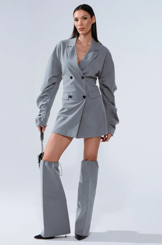 BUSINESS MEETING CHIC BLAZER DRESS AND LEG WARMER SET IN GREY sold by AKIRA