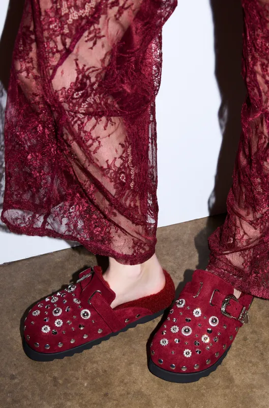 AZALEA WANG CHATTER BURGUNDY FUR SLIP ON CLOG sold by AKIRA