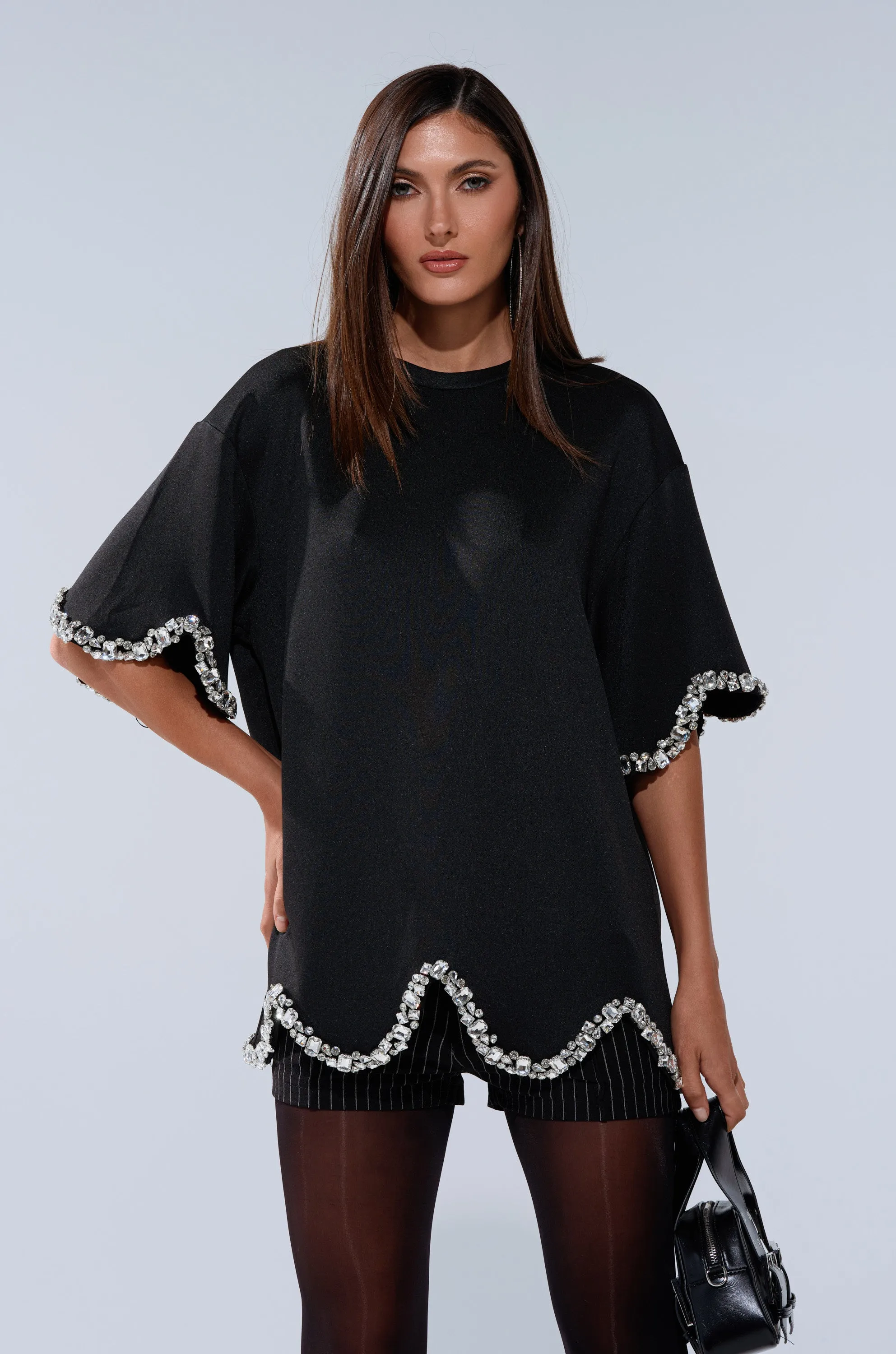 AT LEAST I'M ALIVE OVERSIZED TEE WITH RHINESTONES sold by AKIRA