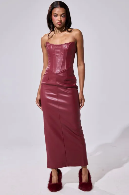 JULIETTE PU MIDI DRESS IN BURGUNDY sold by AKIRA