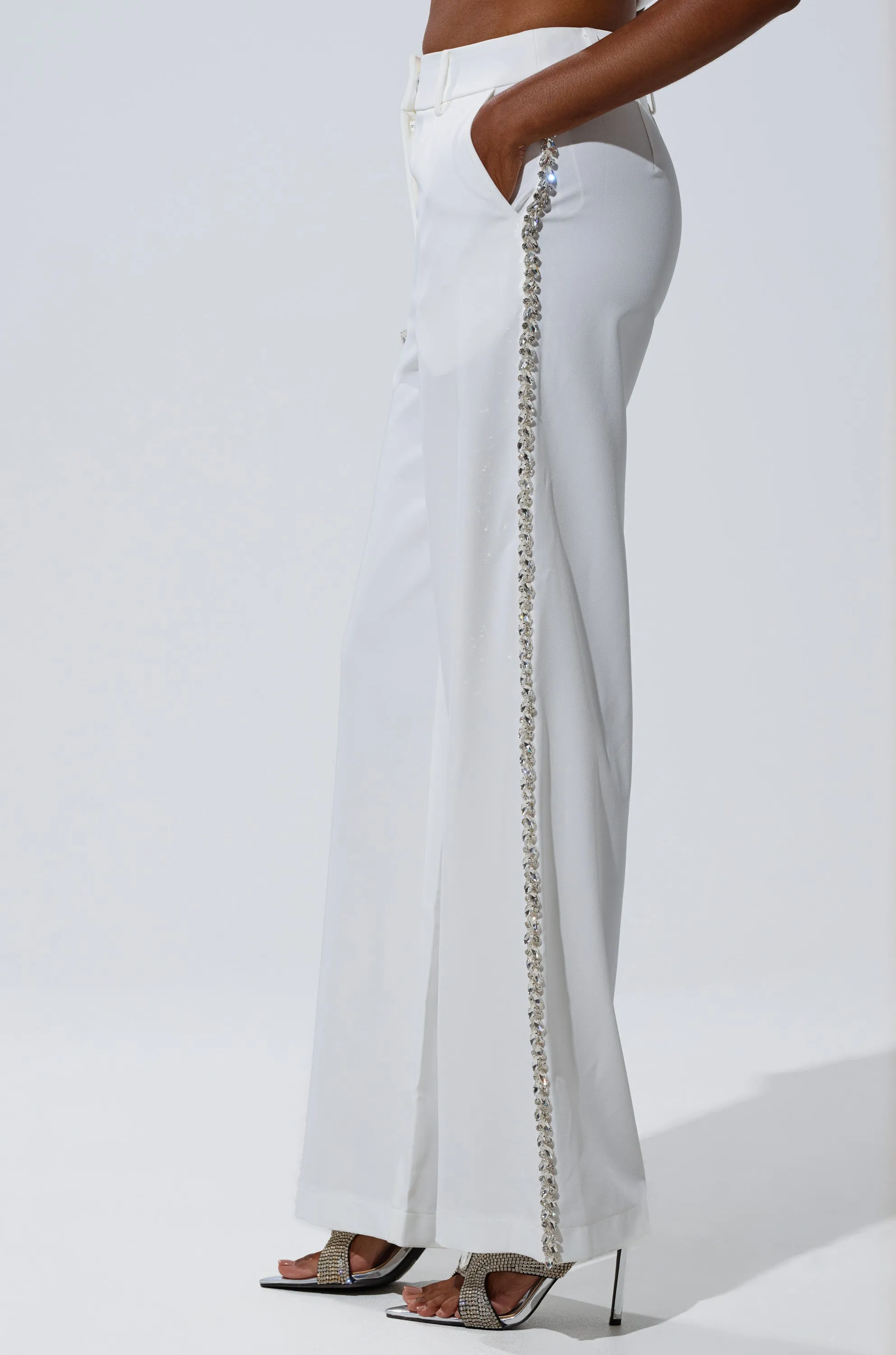 TALK TO ME TROUSER WITH RHINESTONE IN WHITE sold by AKIRA product image thumbnail 3