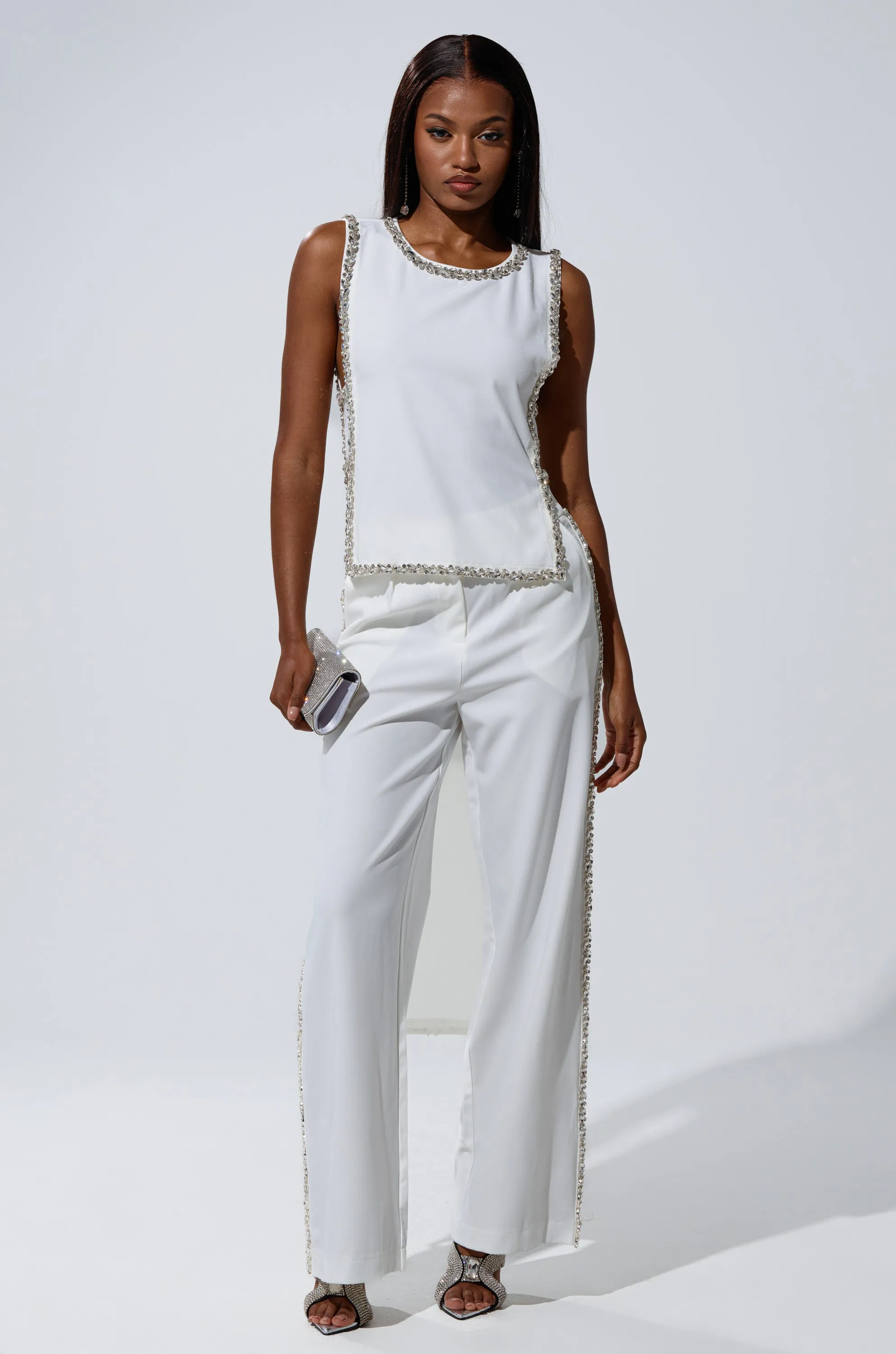 TALK TO ME TROUSER WITH RHINESTONE IN WHITE sold by AKIRA product image thumbnail 5
