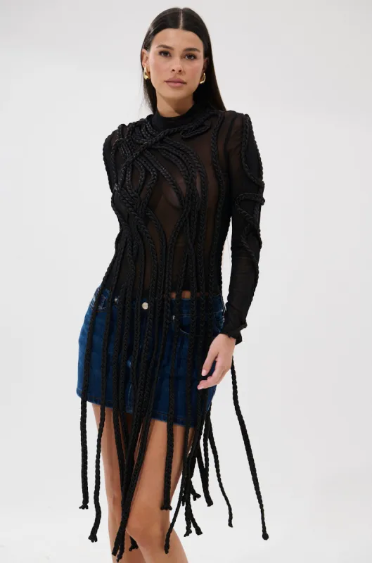 ROPE YOU IN LONG SLEEVE MESH TOP sold by AKIRA